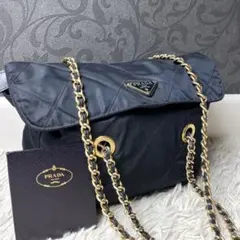 美品✨プラダ チェーンショルダーバッグ キルティング ナイロン レザー 三角ロゴ