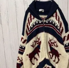カウチンセーター 総柄ニット ノルディック柄 L ハンドニット ウール100%