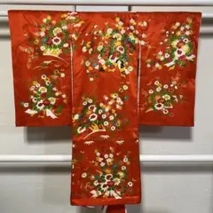 お宮参りーかけ着7【正絹】華やか花束文様 鮮やか朱オレンジ系豪華柄 裏地汚れあり