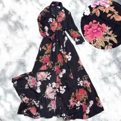 シルク絹100% 美肌長袖ネグリジェ パジャマ 寝巻 ワンピース F 花柄黒