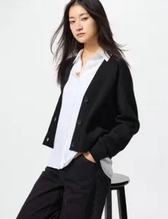 完売　UNIQLO スムースコットンVネックショートカーディガン ブラック M