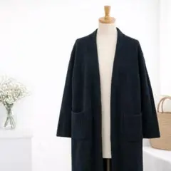 ⭐️Aga アーガ　ロングカーディガン　黒　ウール混　オープンフロント　膝丈