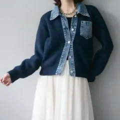 【新品！】デニム襟ポケットニットカーディガン　ネイビー　lumier同型 秋冬
