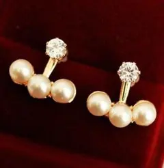 三連パール 真珠 大粒 一粒 ジルコン ピアス ２way 韓国 #C502-2