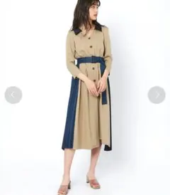 レディアゼル配色プリーツサイドベルトロングワンピース　フロントボタン