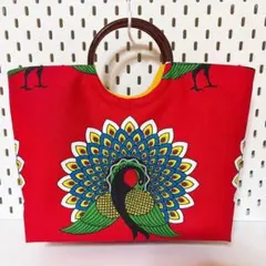 アフリカンファブリック　リングハンドルバッグ　孔雀柄　ハンドメイド