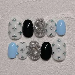 【オーダー】【現品】水色 ビジューネイル 埋め尽くし ネイルチップ