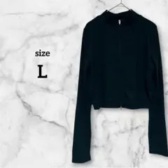 黒 ダブルジッパー付き 細リブ編み クロップド長袖トップス