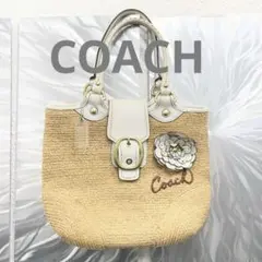 COACH ストロー素材 かごバッグ ホワイトレザー - メルカリ