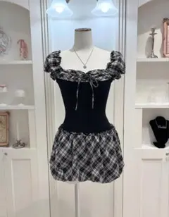 BUBBLES バルーンチェックワンピース ホワイト Sサイズ