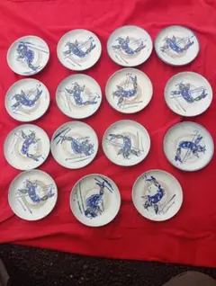 ニ*ク様 海老柄　魚 小皿 15枚 染付 和食器 陶器　明治　長沼焼　会津本郷焼 ニ*ク様 海老柄 魚 小皿 15枚 染付 和食器 陶器 明治 長沼焼 会津本郷