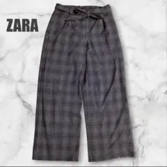 ザラ ワイドパンツ ストレート チェック柄 ベルト クラシカル S 秋冬コーデ