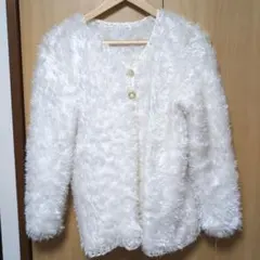 古着 ホワイトファー風カーディガン ニット フレア