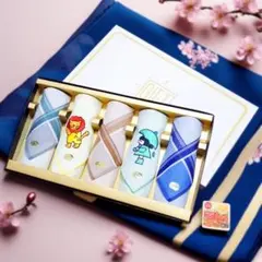 未使用品 綿100％ ハンカチ5枚セット 刺繍入り レトロデザイン ギフト箱付き