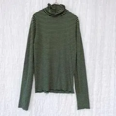 4468 ローリーズファーム　ハイネックカットソー　リブ　ボーダー　長袖　緑　F