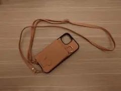 iPhone15用ケース ベージュ ストラップ付き