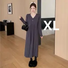 ニットワンピース　プリーツ　Vネック　可愛い　上品　シック　韓国