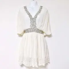 フラワー刺繍インポートリゾートキナリ生成りシースルーミニドレスワンピース