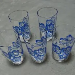 昭和  レトログラス  青　ブルー　お花　5個セット