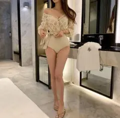 レースワンピース水着 2点セット カシュクール風 アイボリー M