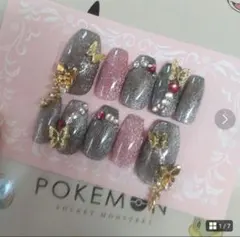 ジェルネイルチップ　黒✕ピンク　マグネット　蝶々