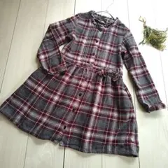BeBe 130 チェック柄 ニットワンピース グレー 赤 リボン ポケット付