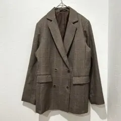 【美品】GU(S)チェックテーラードジャケット ブラウン ダブルボタン 丈長め