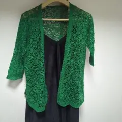 手編み 緑色花柄模様 カーディガン
