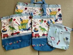 ハンドメイド男の子レッスンバッグ、シューズ袋、お着替え袋、コップ袋4点セット