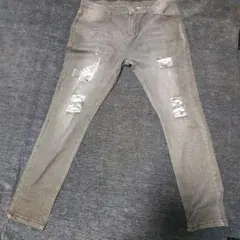 ダメージ加工 グレー スキニージーンズ 2XL