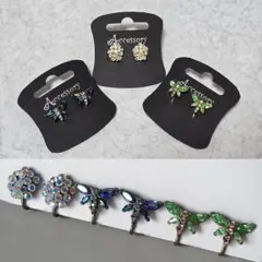 (039)【ビンテージイヤリング】ラインストーン・青とんぼ・緑とんぼ3点セット