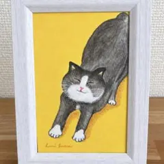 猫 水彩色鉛筆画 アクリル画 原画 癒し インテリア