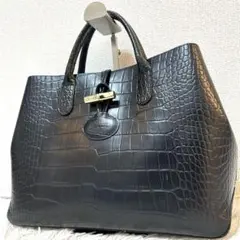 【美品✨大容量/ロゾ/クロコ型押し】ロンシャン　ハンドバッグ　A4 ブラック　革のサムネイル
