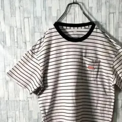 リンガーネック Tシャツ グレー×紺ボーダー 刺繍ロゴ 胸ポケ メンズM