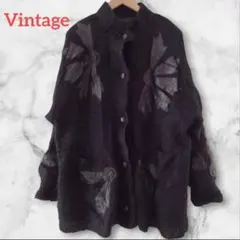 ✨希少✨ 90s ヴィンテージ カーディガン パッチ リーフ 黒 ゆるだぼ