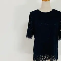 【新品タグ付き】ロペピクニック ネイビーレーストップス 半袖ブラウス 40