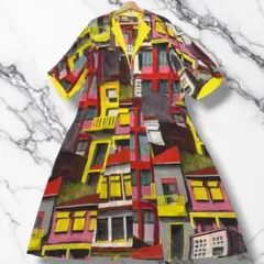 極美品✨ヒロココシノ　絵画プリント　長袖チュニックワンピース　38 M 黄色 極美品✨ヒロココシノ 絵画プリント 長袖チュニックワンピース 38 M
