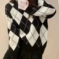 Alucedudu アーガイル柄 ニットセーター 白黒