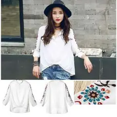 ★無くなり次第終了★　花柄　刺繍　ブラウス　白　Mサイズ　送料無料