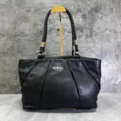 D38 良品 Cole Haan トートバッグ シボレザー 編み込み 黒×金のサムネイル