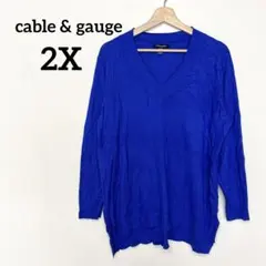 cable & gauge Vネック長袖ニット【2X】青　ゆったり　大きいサイズ