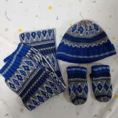 青・グレーのニット帽・手袋・マフラー3点セット