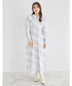 リボン＆ラッフルフリル付きパール釦ウエストシャーリングフラワープリントワンピース