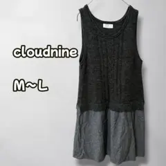 N1062　ワンピース　ノースリーブ切替　ニット×布帛　重ね風　ブラック　M〜Lのサムネイル