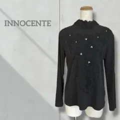 【レディース】トップス カットソー 黒 レース刺繍 パール 長袖 ストレッチ素材