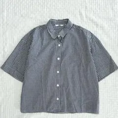 【美品】UNIQLOユニクロ　スムースコットン　ギンガムチェックシャツMネイビー