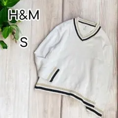 H＆M　Vネックコットンニット 長袖　ライン　白　S