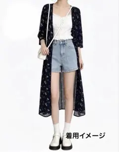 花柄長袖ロングワンピース ネイビー