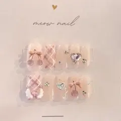 ネイルチップ さくらんぼネイル チェックネイル 春ネイル ピンクネイル