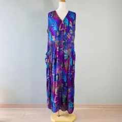 花柄 フラワープリント 前開き ノースリーブ ロングワンピース パープルN629